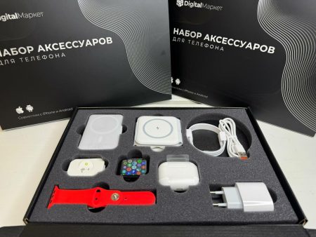 Обзор: Набор смарт часы watch series 8 + беспроводные наушники A.Pods Pro + внешний аккумулятор и беспроводная зарядка MagSafe| Совместим с iOS и Android (красный ремешок)