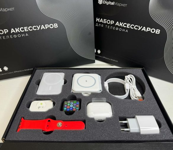 Обзор: Набор смарт часы watch series 8 + беспроводные наушники A.Pods Pro + внешний аккумулятор и беспроводная зарядка MagSafe| Совместим с iOS и Android (красный ремешок)