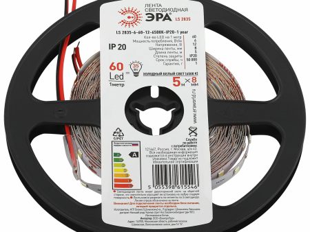 Обзор: Светодиодная лента ЭРА LS2835 -6-60-12-6500K-IP20-1 year-5м 6Вт 12В 60LED холодный белый свет