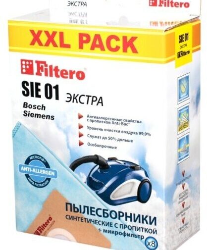 Обзор: Пылесборник Filtero SIE 01 XXL PACK, экстра синтетические (8 шт.) + фильтр, для пылесосов Bosch, Siemens