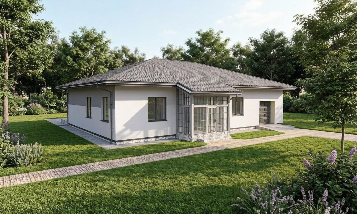 Проект современного одноэтажного дома из газобетона 256 м² с 3 спальнями, бассейном, сауной и гаражом - изображение 1