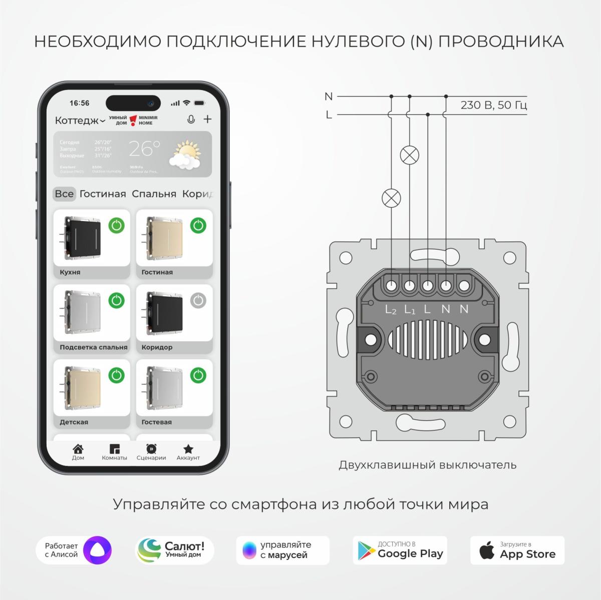 Сенсорный выключатель двухклавишный с функцией Wi-Fi Werkel шампань W4520611 4690389171307