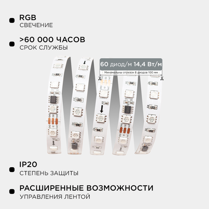 Комплект адресной светодиодной ленты Apeyron 24В 14,4Вт/м smd5050 60д/м IP20 2м RGB (адаптер питания, контроллер) 10-91