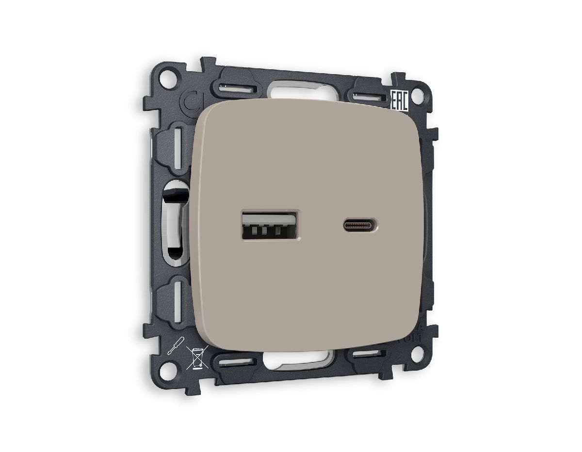 Комплект механизма розетки 2USB A+C 20W (быстрая зарядка) Ambrella Volt Omega MO371010