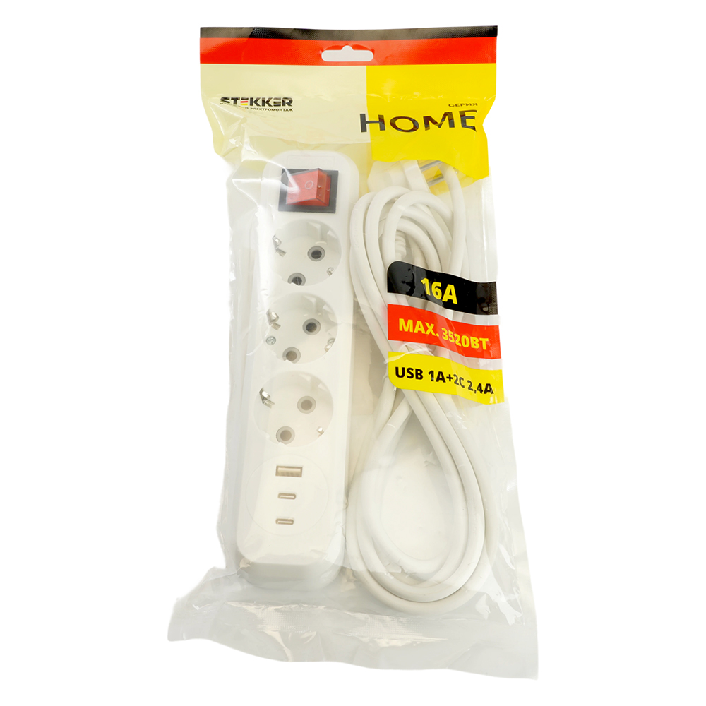 Удлинитель 3-местный с/з с выключателем Stekker Home HM071-31-05 50138
