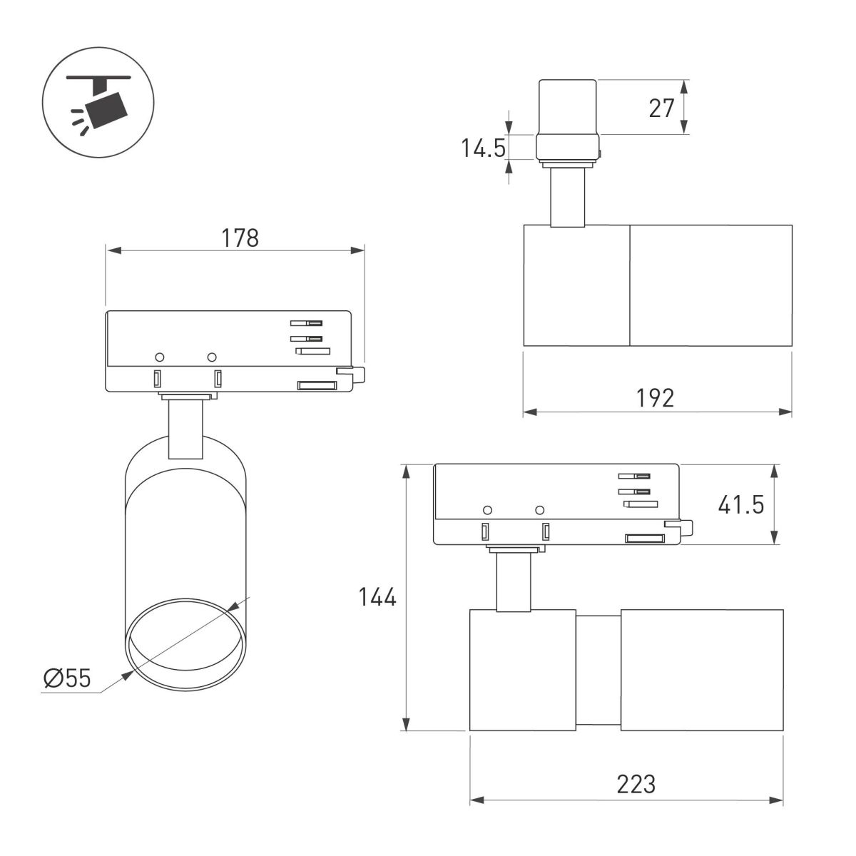 Трековый трехфазный светильник Arlight LGD-ARTEMIS-TRACK-4TR-R55-12W Warm3000 (BK, 8-80 deg, 230V, DALI) 057690