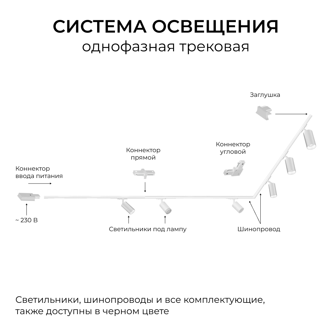 Шинопровод однофазный накладной/подвесной Apeyron в комплекте крепёж, токоввод, заглушка R45-08