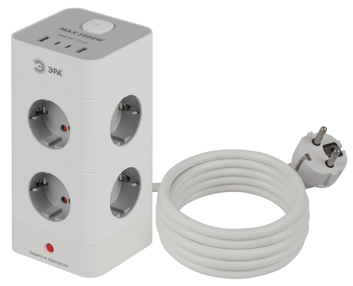 Сетевой фильтр ЭРА TWR-8es-1,5m-4USB-W башня с защитой заземлением с выключателем 8 розеток+4xUSBA+C 1,5м 16А белый Б0069071