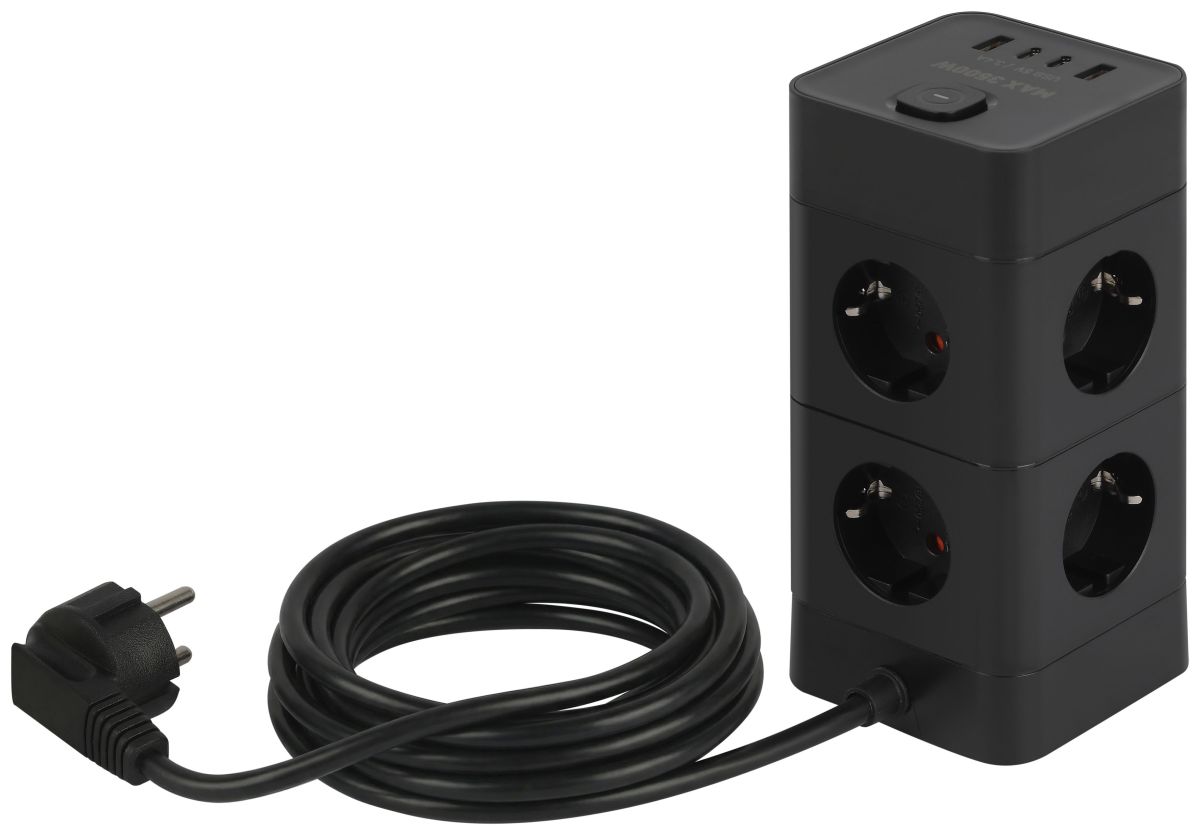 Сетевой фильтр ЭРА TWR-8es-1,5m-4USB-B башня с защитой заземлением с выключателем 8 розеток+4xUSBA+C 1,5м 16А черный Б0069072