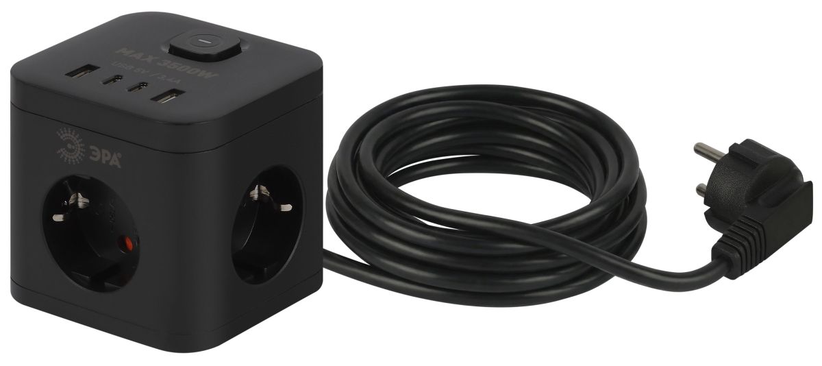 Сетевой фильтр ЭРА CUBE-3es-1,5m-4USB-B куб с заземлением с выключателем 3 розетки+4xUSBA+C 1,5м 16А черный Б0069074