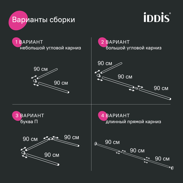 Угловой карниз для ванной комнаты, 90-180 см, глянц. хром, Элеганте (Elegante), IDDIS, 050A200I14