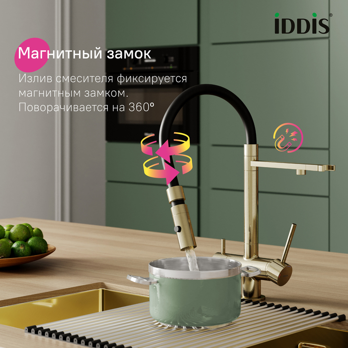 Смеситель для кухни с фильтром и гибким изливом, матовое золото, Эйс (Ace), IDDIS, ACEMGFFi05
