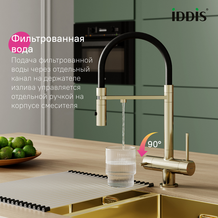 Смеситель для кухни с фильтром и гибким изливом, матовое золото, Эйс (Ace), IDDIS, ACEMGFFi05