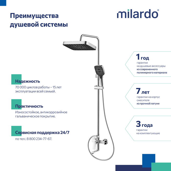 Душевая система с тропическим душем, хром глянцевый, Азур (Azure), Milardo, AZUSB3FM06