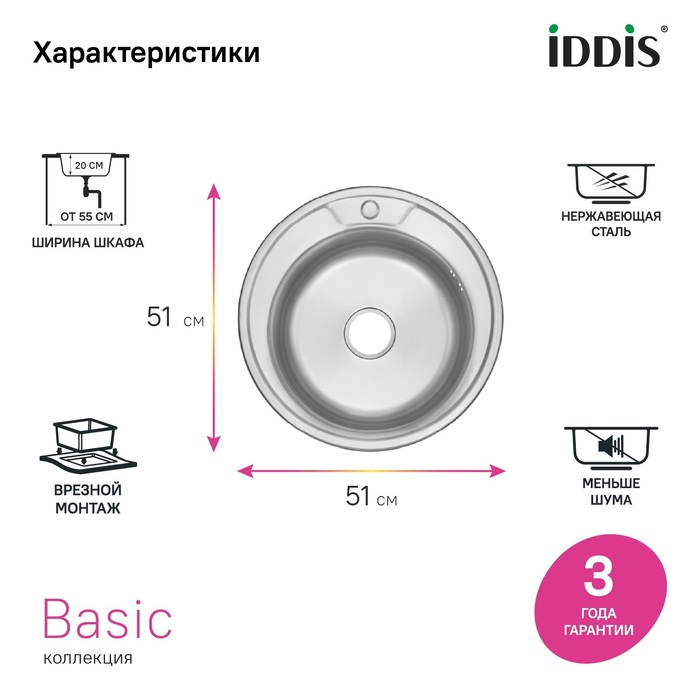 BAS51S1i77, Мойка, нерж. cталь, сатин, D510, Бэйсик (Basic), ID