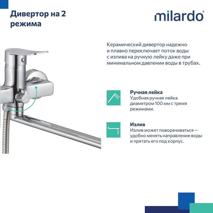 Смеситель для ванны с длинными изливом, глянцевый хром, Деми (Demi), Milardo, DEMSB00M10