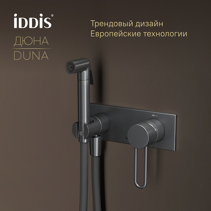 Встраиваемый смеситель с гигиеническим душем с защитным клапаном, графит матовый,  Дюна (Duna), IDDIS, DUNGMV0i08