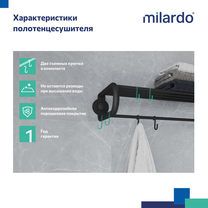 Полотенцесушитель с полкой, проволока стальная, черный матовый, Изи (Easy), Milardo, EASBWS2M49