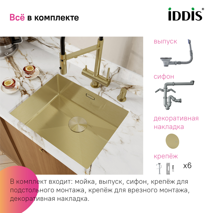 Мойка, нерж.сталь, универсального монтажа, матовое золото, 540*440,  Эдифис (Edifice), IDDIS, EDI54B0i77