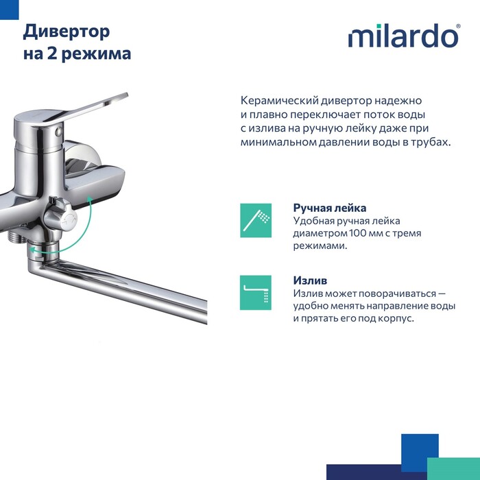 Смеситель для ванны с длинным изливом, глянцевый хром, Энджой (Enjoy), Milardo, ENJSB00M10