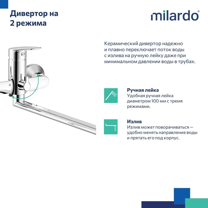 Смеситель для ванны с длинным изливом, Хорайзн (Horizont), Milardo, HORSB02M10