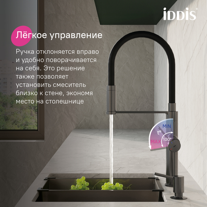 Смеситель для кухни с каналом для фильтрованной воды и гибким изливом, графит, Айкон (Ikon), IDDIS, IKNGMFFi05
