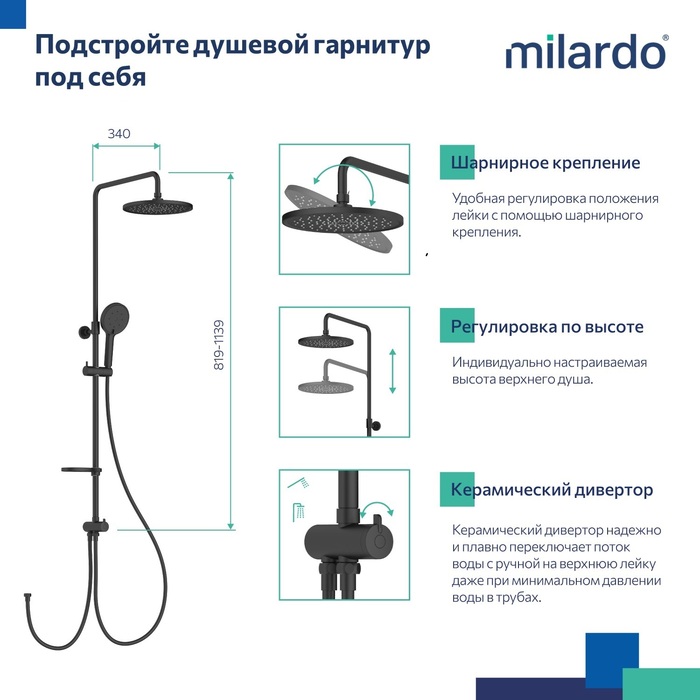 Душевой гарнитур с тропической лейкой, черный матовый, Идеал Спа (Ideal Spa), Milardo, ILSBL3FM76