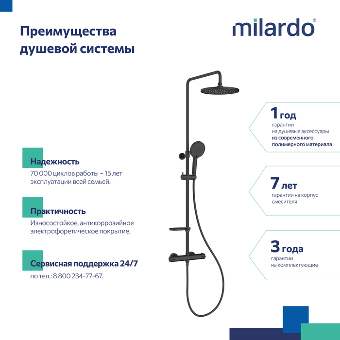Смеситель термостатический для душа со стойкой и тропической лейкой, черный матовый, Идеал Спа (Ideal Spa), Milardo, ILSBLTHM89