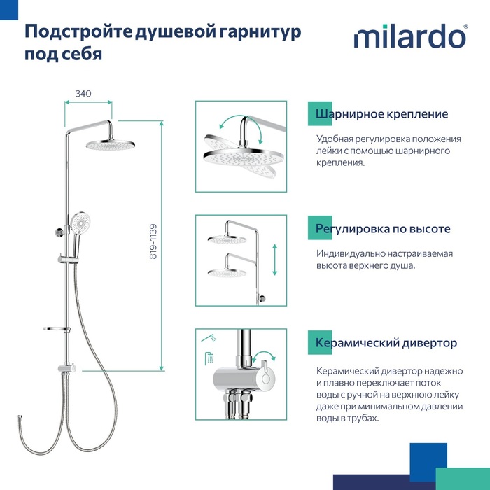Душевой гарнитур с тропической лейкой, глянцевый хром, Идеал Спа (Ideal Spa), Milardo, ILSSB3FM76