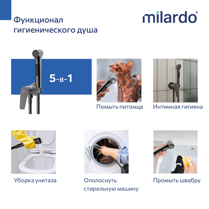 Встраиваемый смеситель с гигиеническим душем, графит, Лип (Leap), Milardo, LEAGM00M08