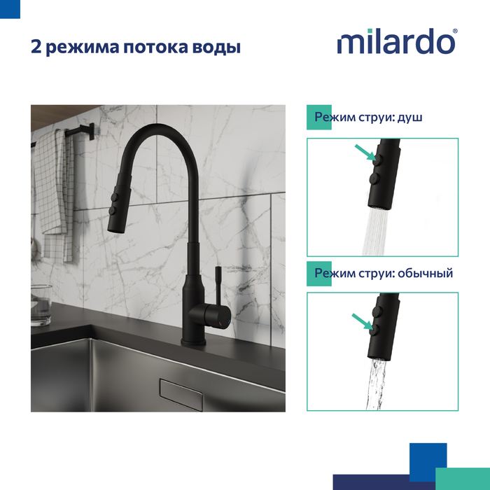 Смеситель для кухни с гибким изливом и душевой насадкой, черный матовый, Мил (Meal), Milardo, M01BL2FM05