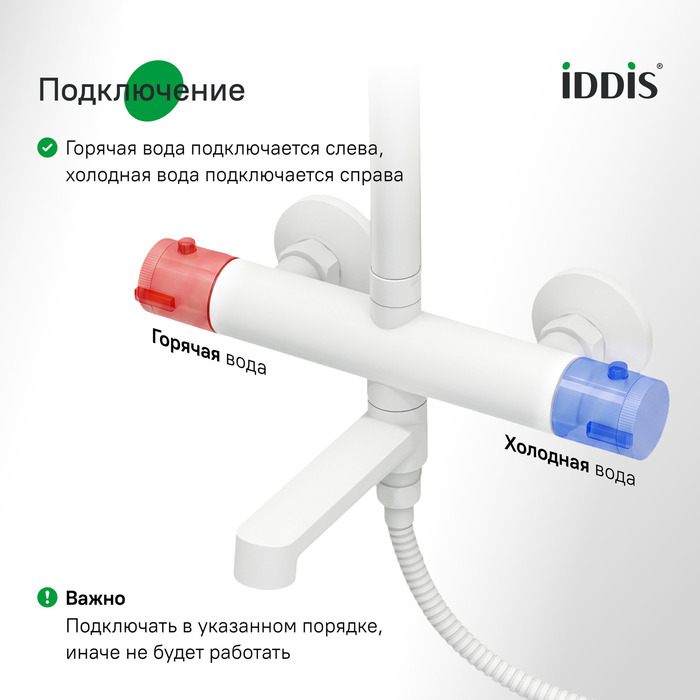 Смеситель термостатический для ванны со стойкой и тропической лейкой, белый матовый, Одда (Odda), IDDIS, ODDWTTHi06