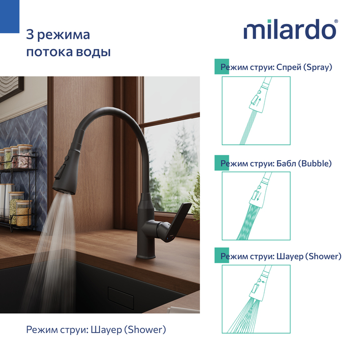 POLBL0FM05, Смеситель для кухни c гибким изливом, черный матовый, Поли (Poli), MI