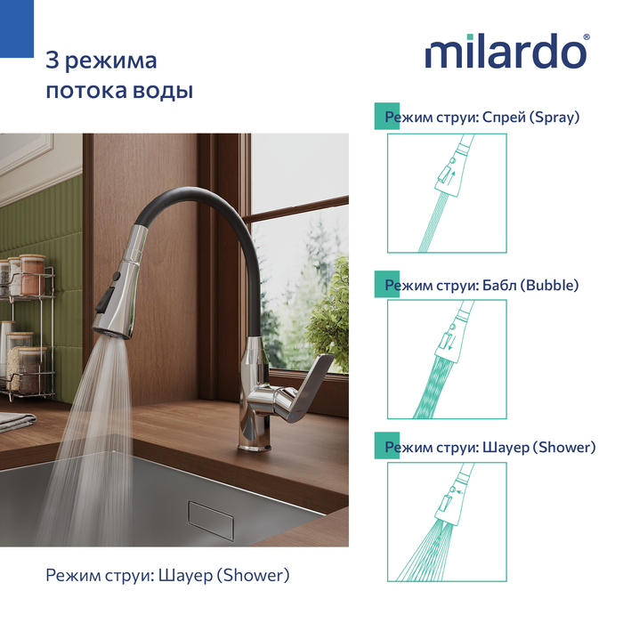 POLSB0FM05, Смеситель для кухни c гибким изливом, хром глянцевый, Поли (Poli), MI