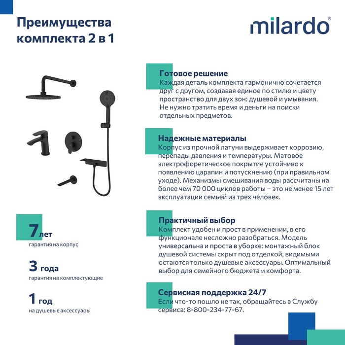 Комплект смесителей 2 в 1: Душевая система с изливом и смеситель для умывальника, черный матовый, Рора (Rora), Milardo, ROR0003M70