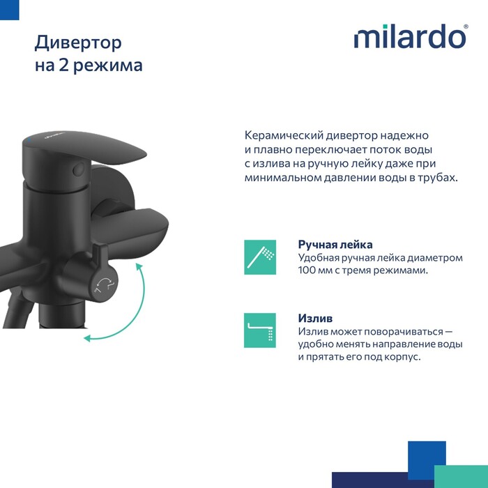 Смеситель для ванны с длинными изливом, черный матовый, Рора (Rora), Milardo, RORBL00M10