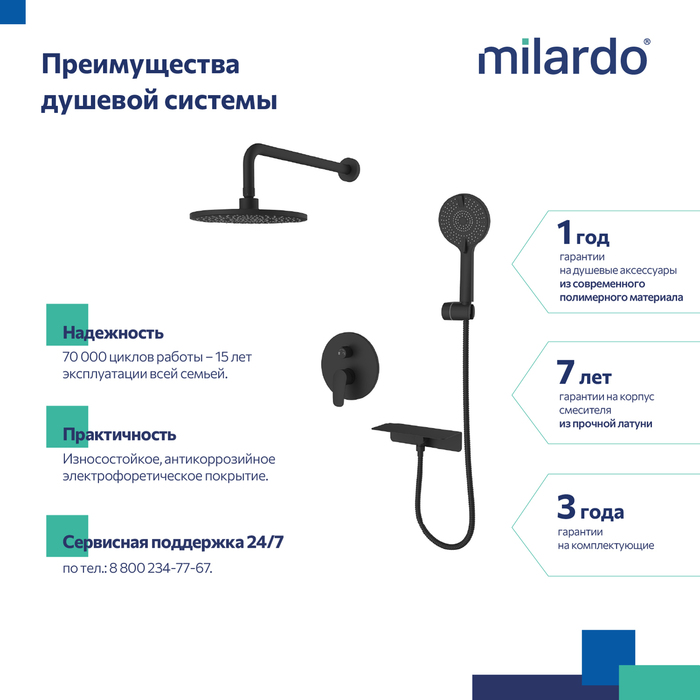 Душевая система скрытого монтажа с тропическим душем и ручным душем, черный матовый, Рора (Rora), Milardo, RORBL02M67