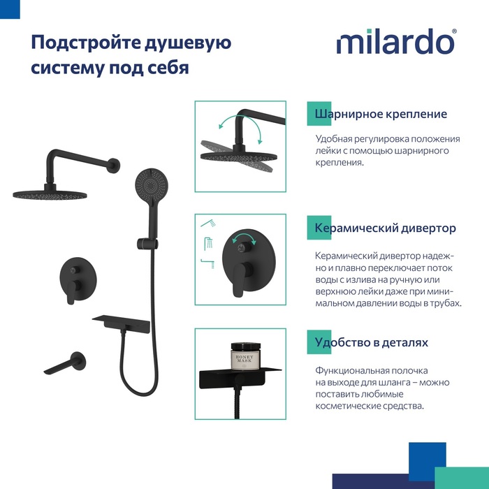 Душевая система скрытого монтажа с тропическим душем, ручным душем и изливом, черный матовый, Рора (Rora), Milardo, RORBL03M68