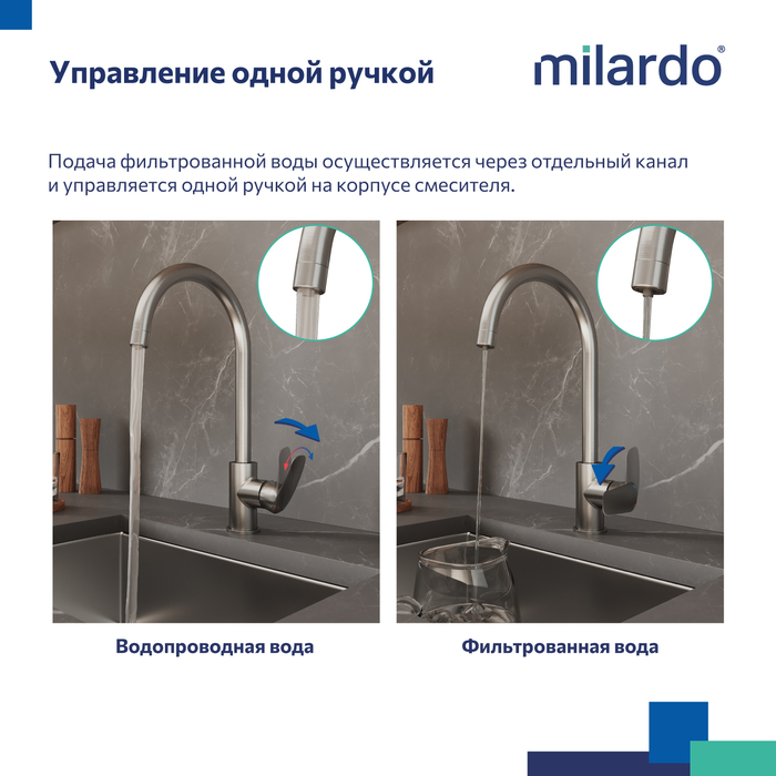 Смеситель для кухни с каналом для фильтрованной воды, сатин, Рора (Rora), Milardo, RORBNFJM05