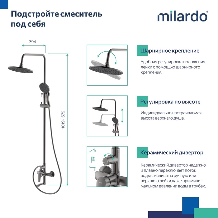 Смеситель для ванны с верхним душем, графит, Рора (Rora), Milardo, RORGM4FM06