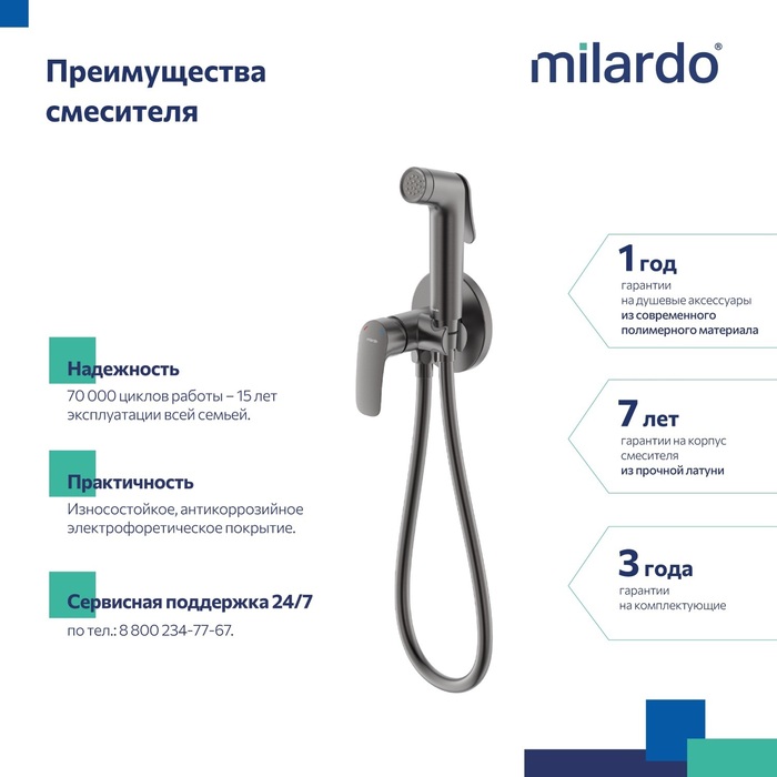 Встраиваемый смеситель с гигиеническим душем, графит, Рора (Rora), Milardo, RORGMR0M08