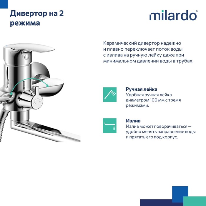 Смеситель для ванны с длинными изливом, глянцевый хром, Рора (Rora), Milardo, RORSB00M10