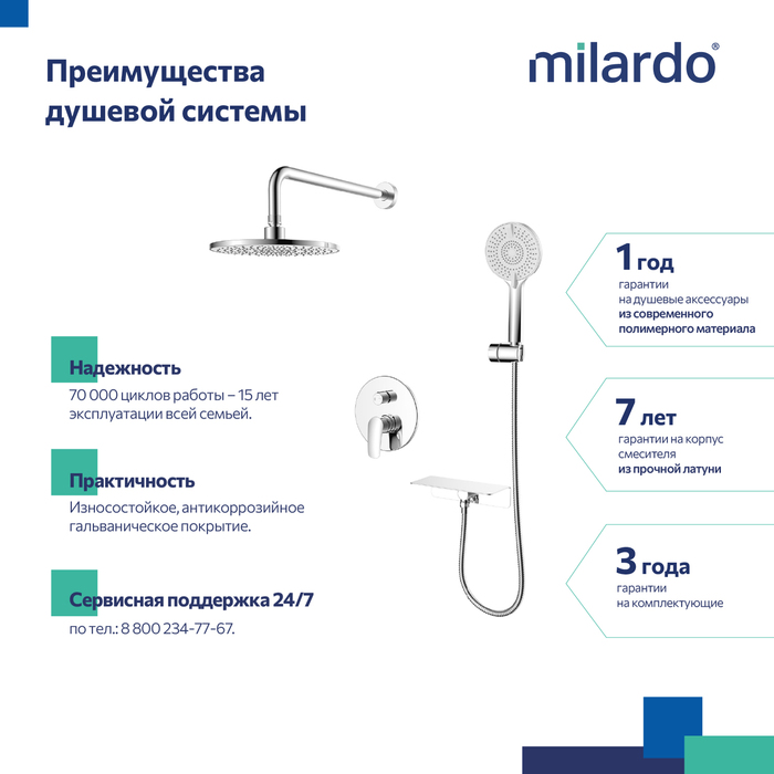 Душевая система скрытого монтажа с тропическим душем и ручным душем, глянцевый хром, Рора (Rora), Milardo, RORSB02M67