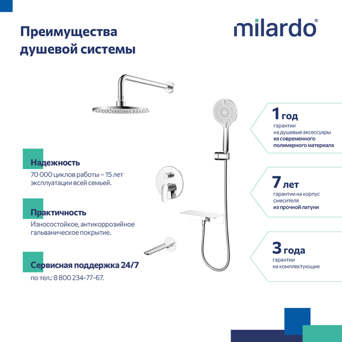 Душевая система скрытого монтажа с тропическим душем, ручным душем и изливом, глянцевый хром, Рора (Rora), Milardo, RORSB03M68