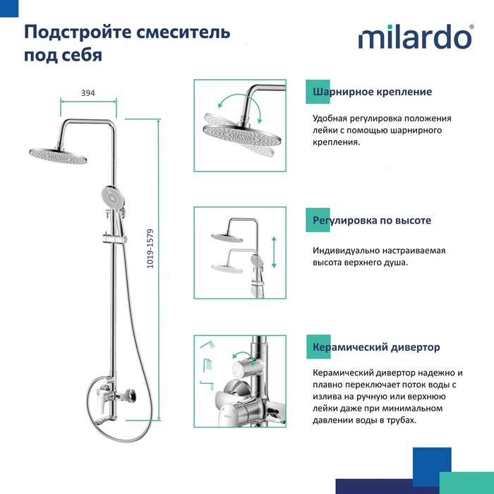 Смеситель для ванны с верхним душем, глянцевый хром, Рора (Rora), Milardo, RORSB4FM06