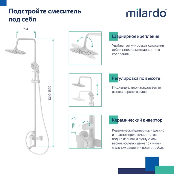 Смеситель для ванны с верхним душем, белый матовый, Рора (Rora), Milardo, RORWT4FM06