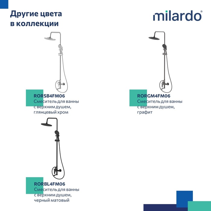 Смеситель для ванны с верхним душем, белый матовый, Рора (Rora), Milardo, RORWT4FM06