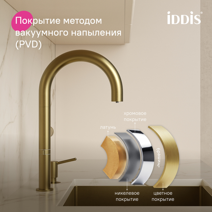 SPNMGCFi05,Смеситель для кухни с каналом для фильтрованной воды и круговым дивертором,золото,Спин (Spin),ID