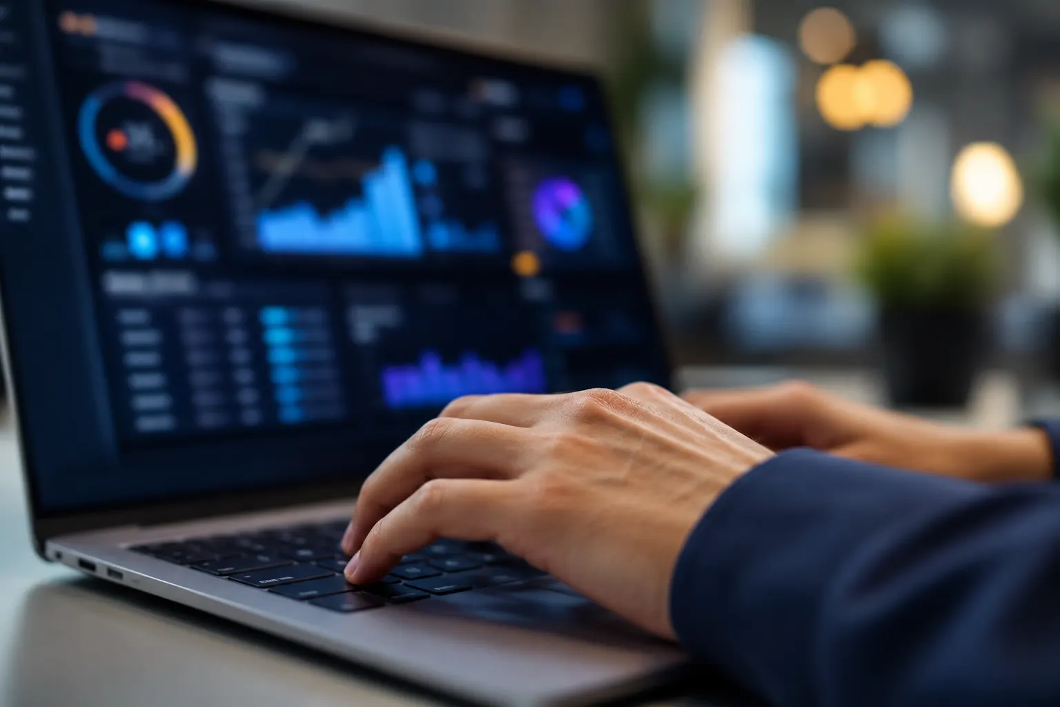 Close up of hands typing on a laptop keyboard, blurred dashboard interface with subtle data charts and glowing highlight elements in the background, shallow depth of field, professional tech office atmosphere, photorealistic, no readable text