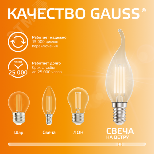 Лампа светодиодная филаментная LED 8 Вт 510 лм 2700К свеча на ветру теплый E14 AC 220В прозрачная колба Elementary